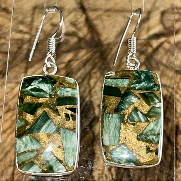 Silver Sheen Seraphinite in Copper Earrings 1 7/8” - Picture 2 of 7